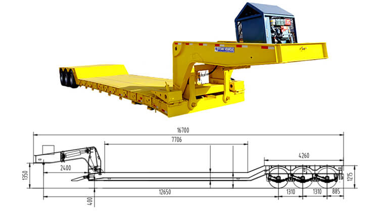 Model:  Overall dimension：16000mm * 3000mm *2500mm Loading capacity:  80 ton gooseneck lowboy for sale Axles：3 axles Tire：12 units Suspension：Heavy duty mechanical suspension King pin：50#, 90# Landing gear：JOST Goose neck: Hydraulic removable gooseneck Hydraulic power station: 12KW Diesel engine